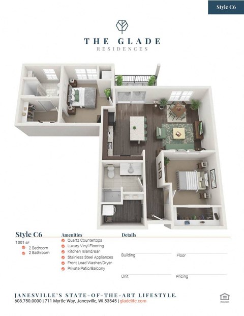 Floor plan for 2 beds, 2 baths, 1001 sqft
